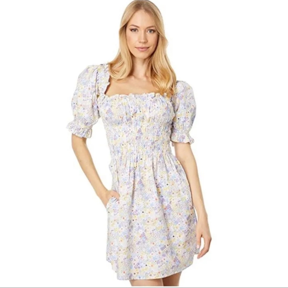 Levi's Poplin cloud Floral 3/4 Sleeve Ruched Smocked Fringe Pockets  Dress Sz L
